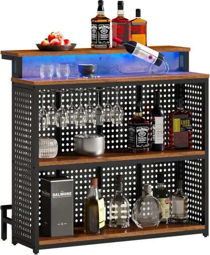 Mini Home Bar Unit with Music Sensing LED Light, Liquor Wine Cabinet w Counter Tall Bar Table Top Alcohol Storage Shelf Glasses Rack Footrest