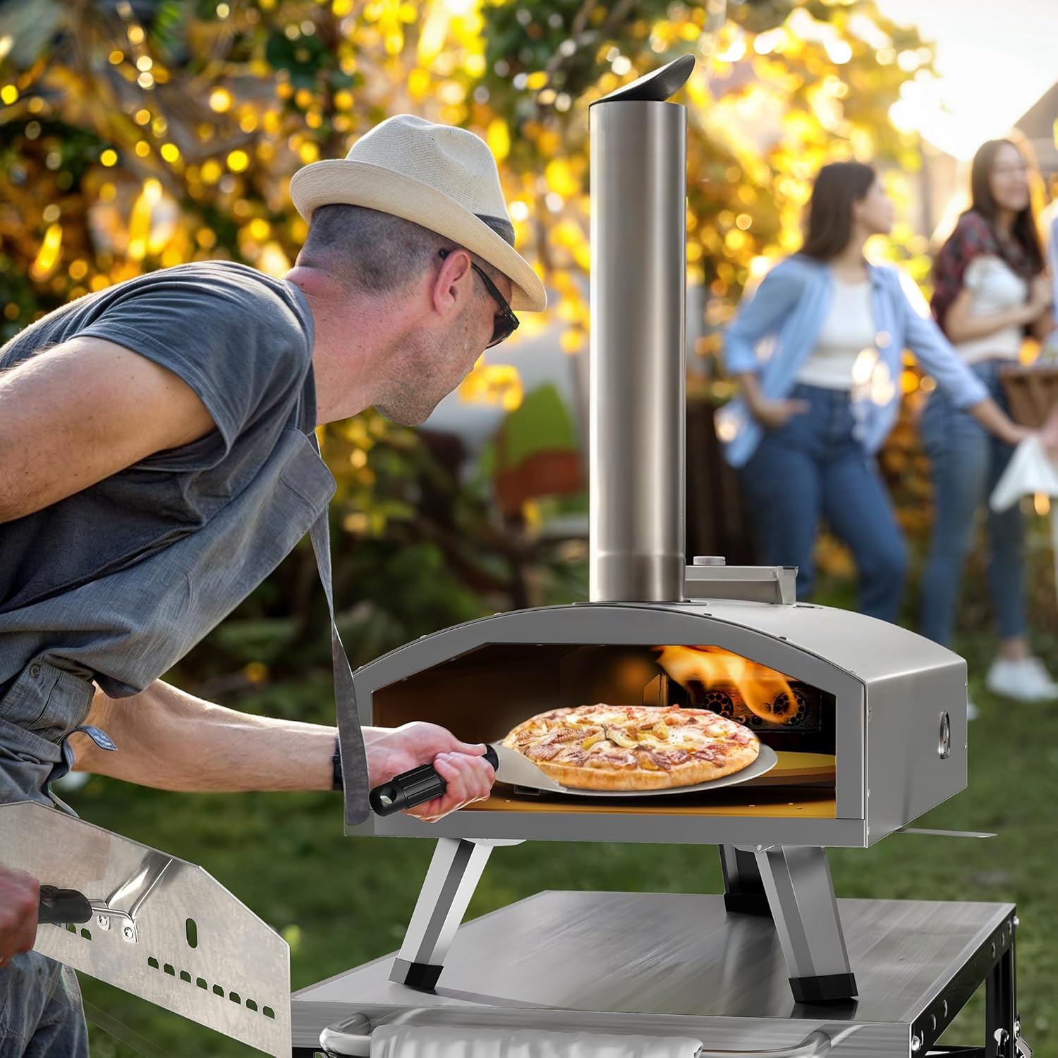 Multi-Fuel Outdoor Pizza Oven with Rotating, 12" Wood and Gas Fired Pizza Oven with Built-in Thermometer