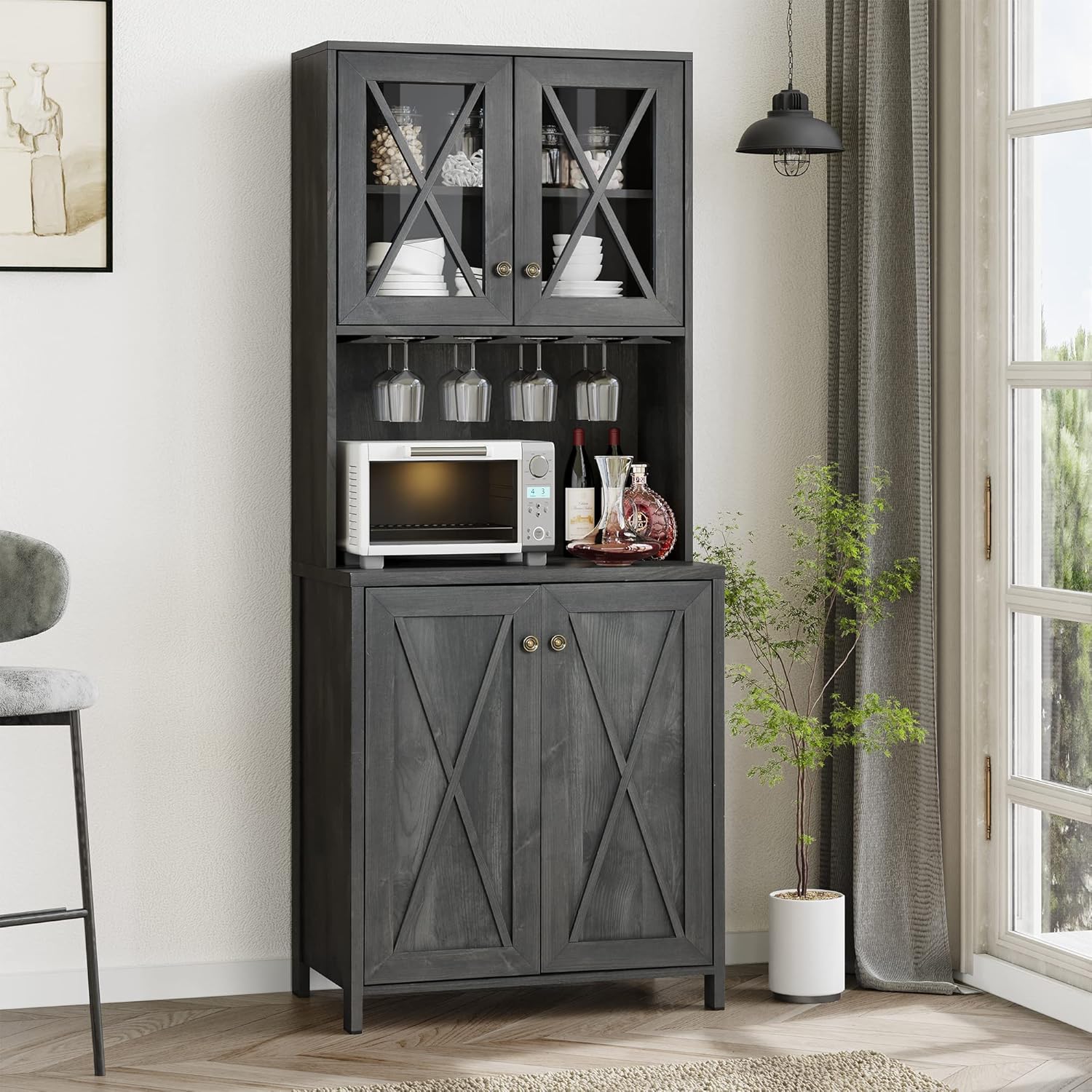 Kitchen Pantry Cabinet Storage with Microwave Stand, 67'' Tall Pantry Buffet Cabinet w/Acrylic Glass Doors and Glass Holder, Freestanding Hutch Cupboard