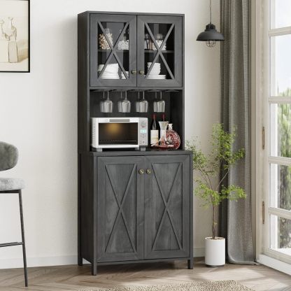 Kitchen Pantry Cabinet Storage with Microwave Stand, 67'' Tall Pantry Buffet Cabinet w/Acrylic Glass Doors and Glass Holder, Freestanding Hutch Cupboard