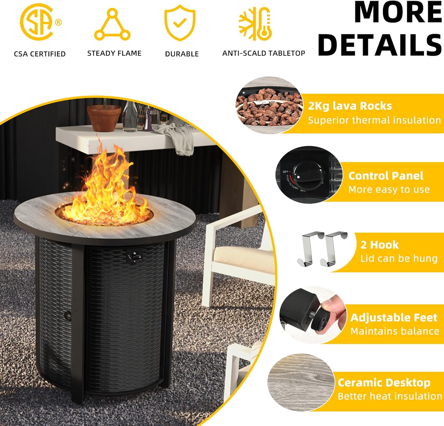 Propane Fire Pit Table 30 Inch Outdoor Round Gas Firepit 50,000 BTU Auto-Ignition Gas Fire Pits for Outside Patio Ceramic Tabletop fire Pit with Lid