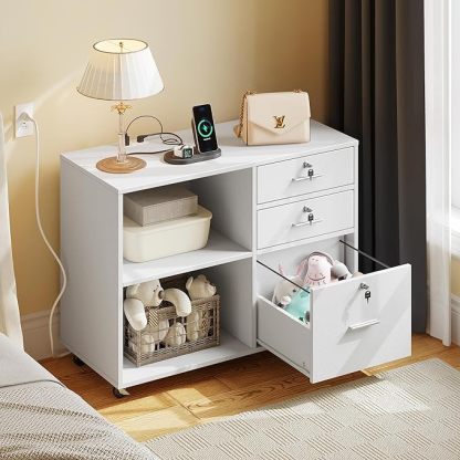 3 Drawer File Cabinet with Charging Station, Mobile Filing Cabinet with Lock