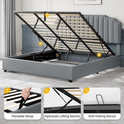 King Size Lift Up Storage Bed Frame with Adjustable Upholstered Platform Headboard