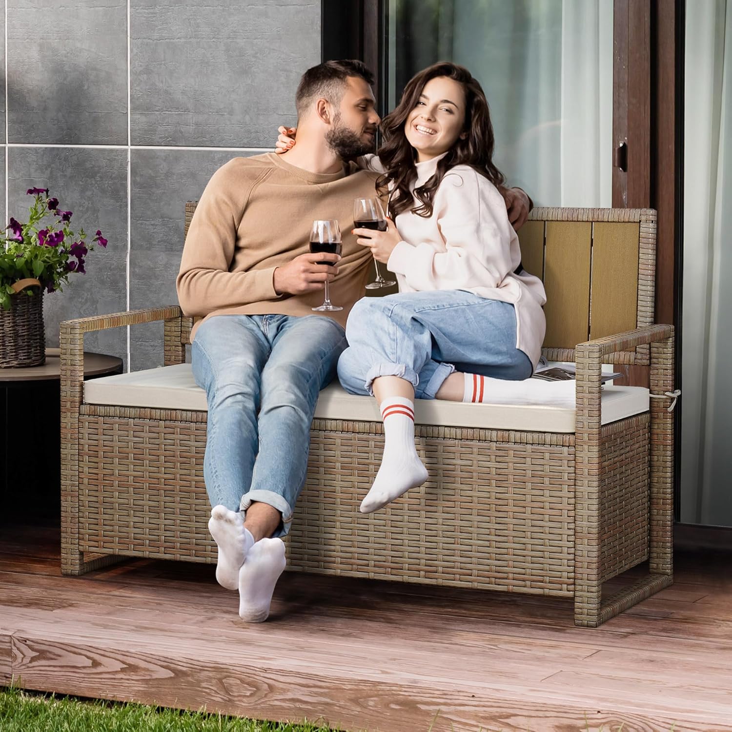 70 Gallon Outdoor Storage Bench, All-Weather PE Rattan Deck Box, Wicker Storage Seat Box