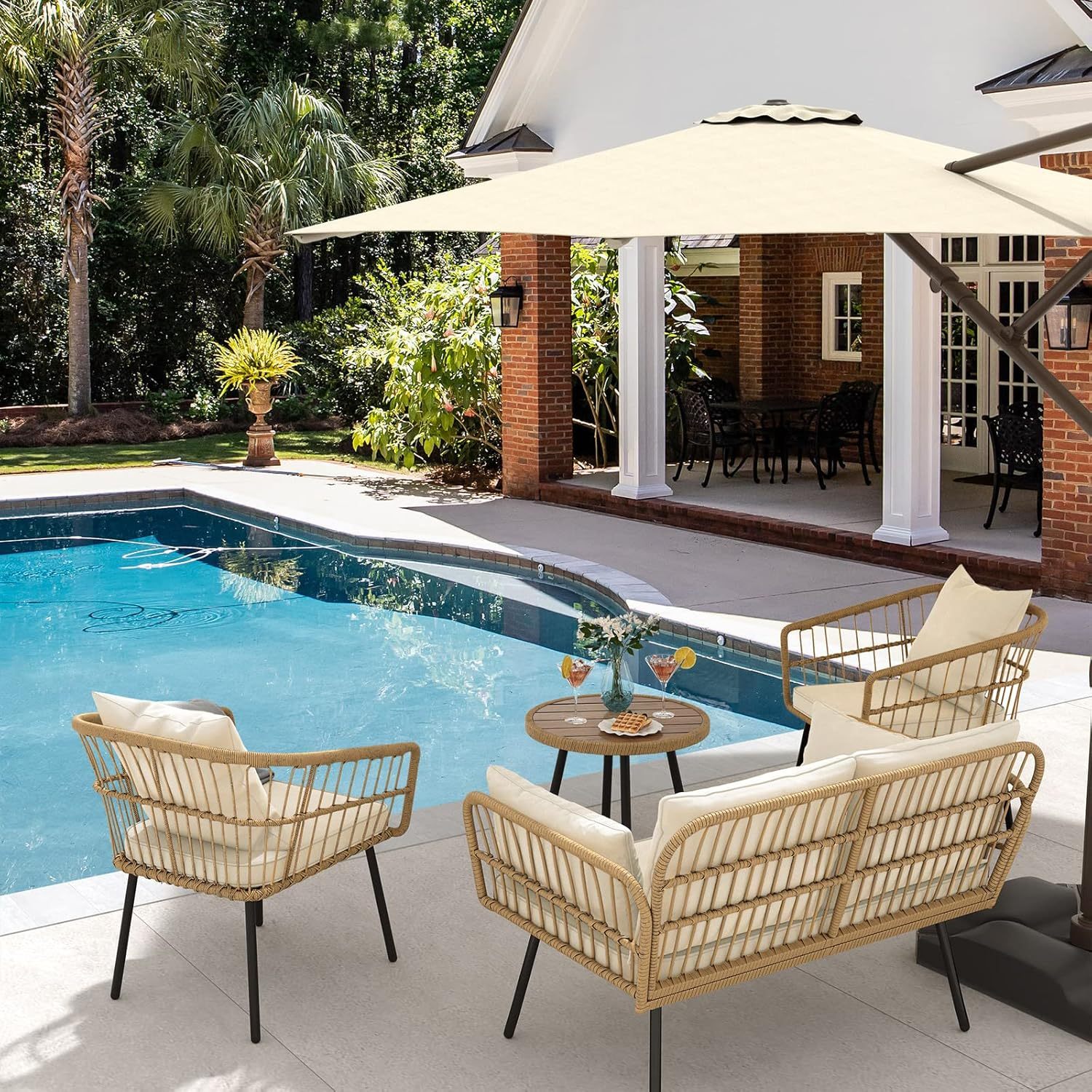 4 Pieces Patio Furniture Set, Wicker Balcony Bistro Set, Outdoor All-Weather Rattan Conversation Set