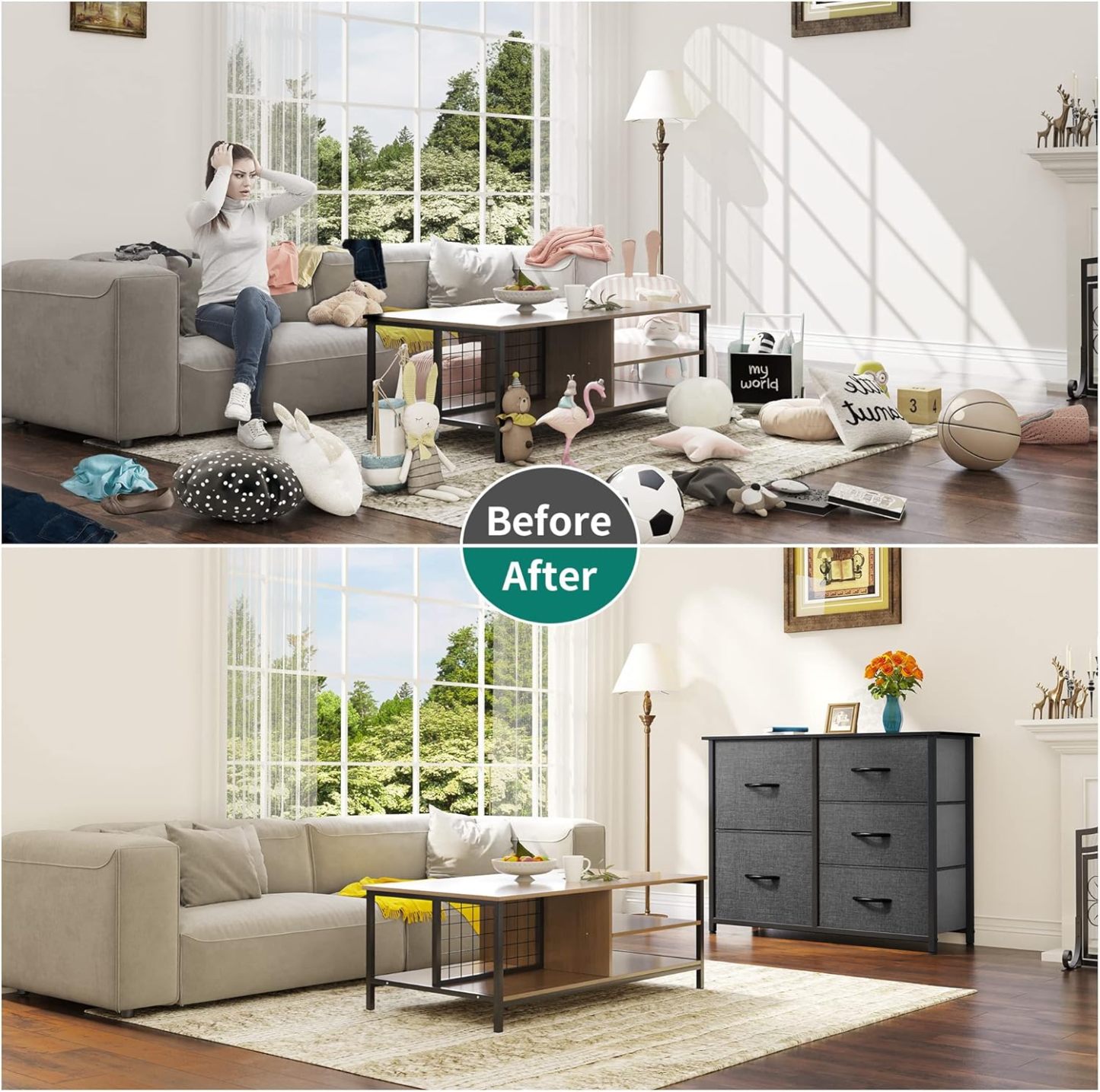 Dresser for Bedroom with 5 Drawers, Wide Bedroom Fabric Dresser with Storage Bins