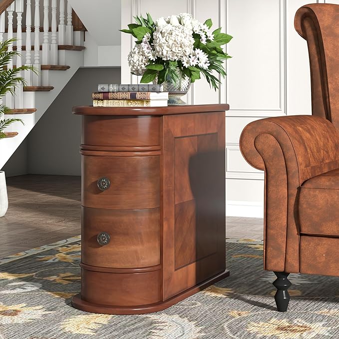 Solid Wood End Table, 2-Drawer Narrow Side Table