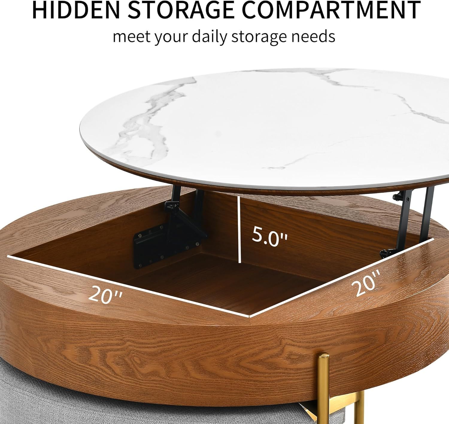 32" L Round Marbling Pattern Slate Coffee Table with Storage 3 Stools