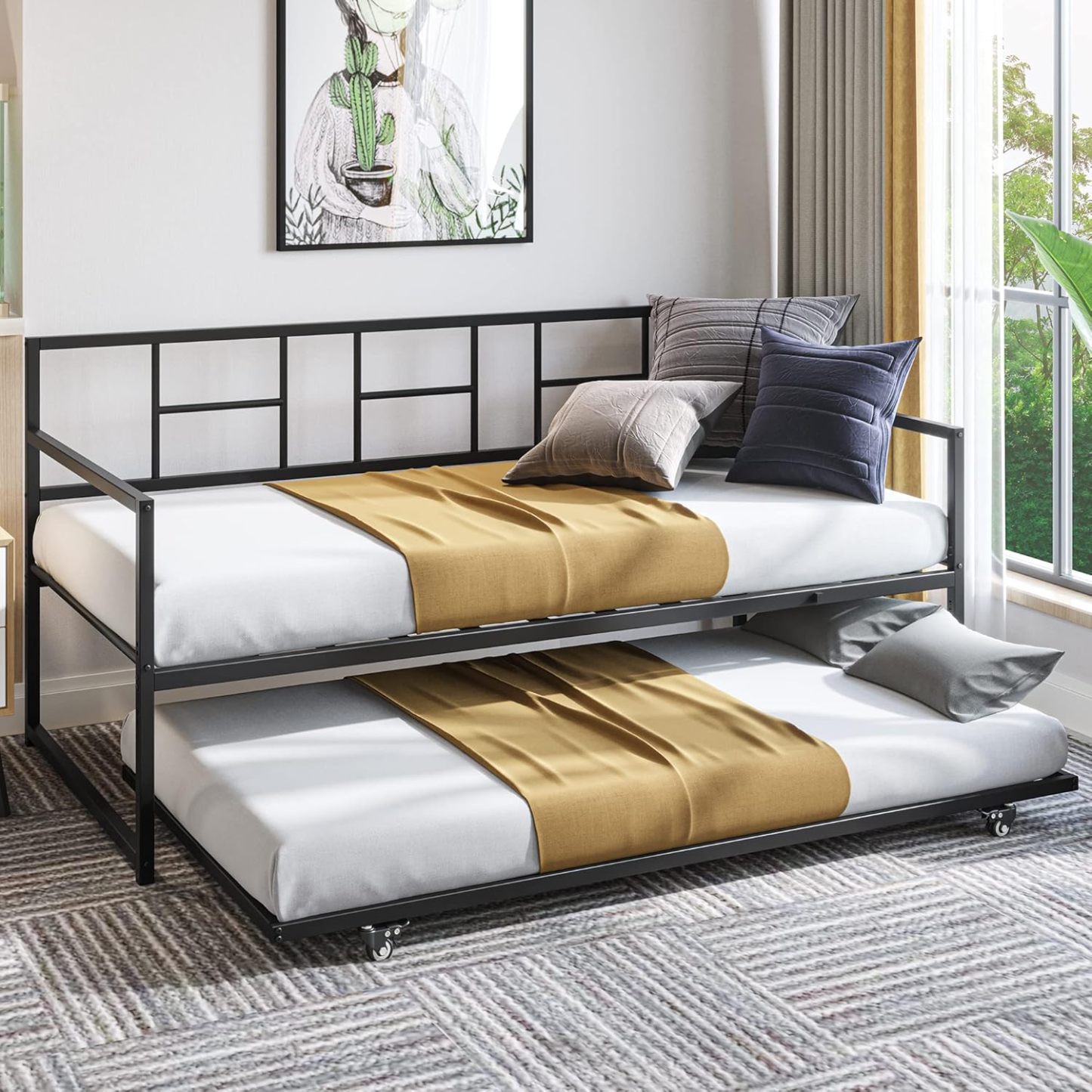 Daybed with Trundle, Twin Size Trundle Bed Adjustable Height, Metal Bed Frame Heavy Duty Metal Slats Support