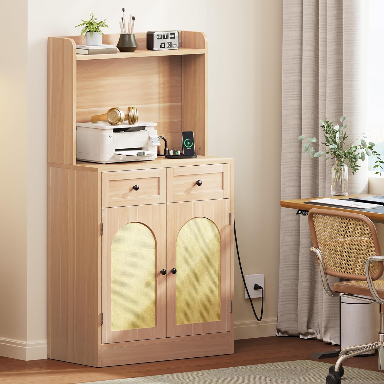 Kitchen Hutch Bakers Rack Cabinet, Coffee Bar Cabinet Kitchen Pantry Microwave Cabinet w/Power Outlet Rattan Storage Cabinet with Drawers and Shelves for Kitchen