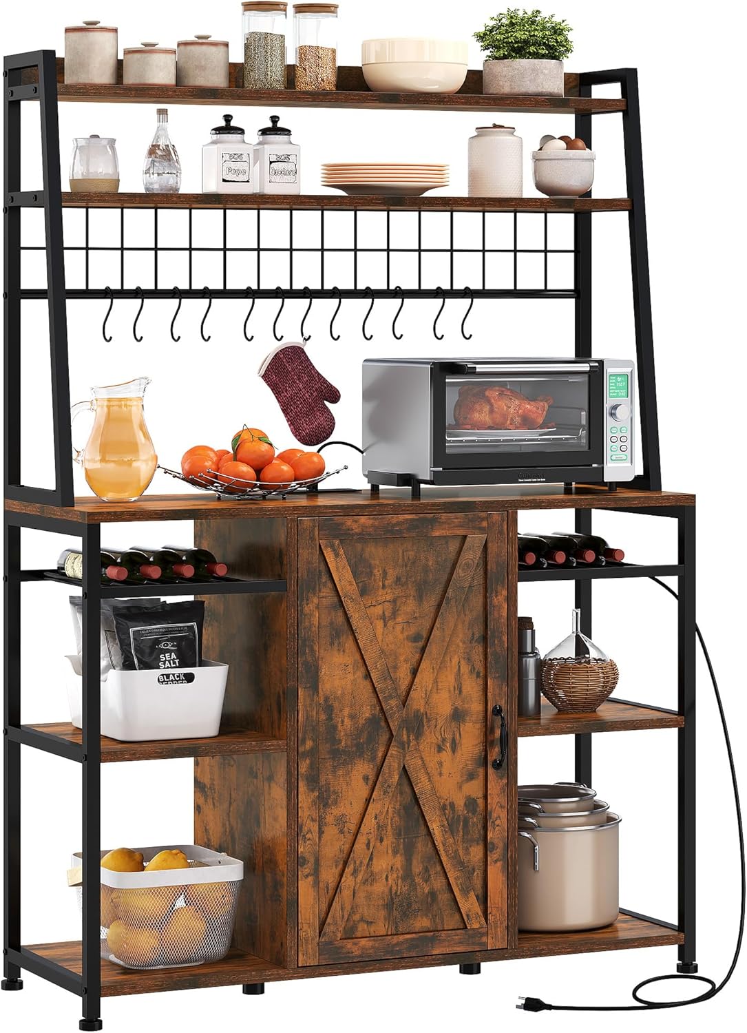47’’ Large Bakers Rack with Power Outlet & Storage Cabinet, Kitchen Microwave Stand with Drawer