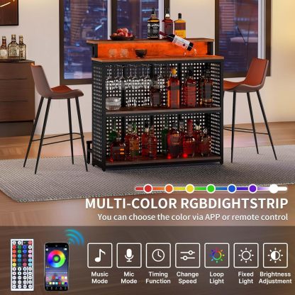 Mini Home Bar Unit with Music Sensing LED Light, Liquor Wine Cabinet w Counter Tall Bar Table Top Alcohol Storage Shelf Glasses Rack Footrest