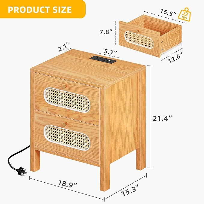 Natural Rattan Nightstands Set of 2 with Charging Station