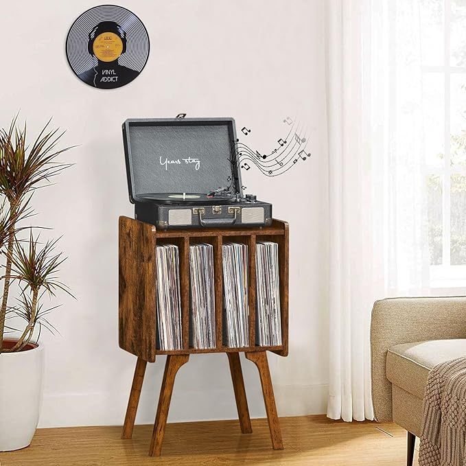 Record Player Stand with Storage Holds Up to 100 Albums, Turntable Stand with Beech Wood Legs, Mid-Century Record Player Table, Brown Vinyl Holder Display Shelf for Bedroom Living Room
