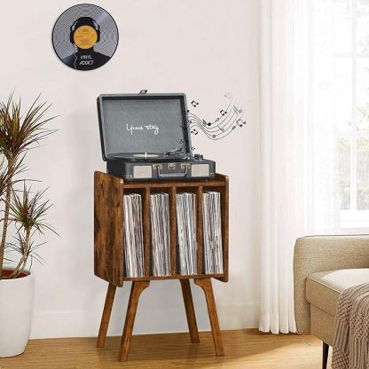 Record Player Stand with Storage Holds Up to 100 Albums, Turntable Stand with Beech Wood Legs, Mid-Century Record Player Table, Brown Vinyl Holder Display Shelf for Bedroom Living Room