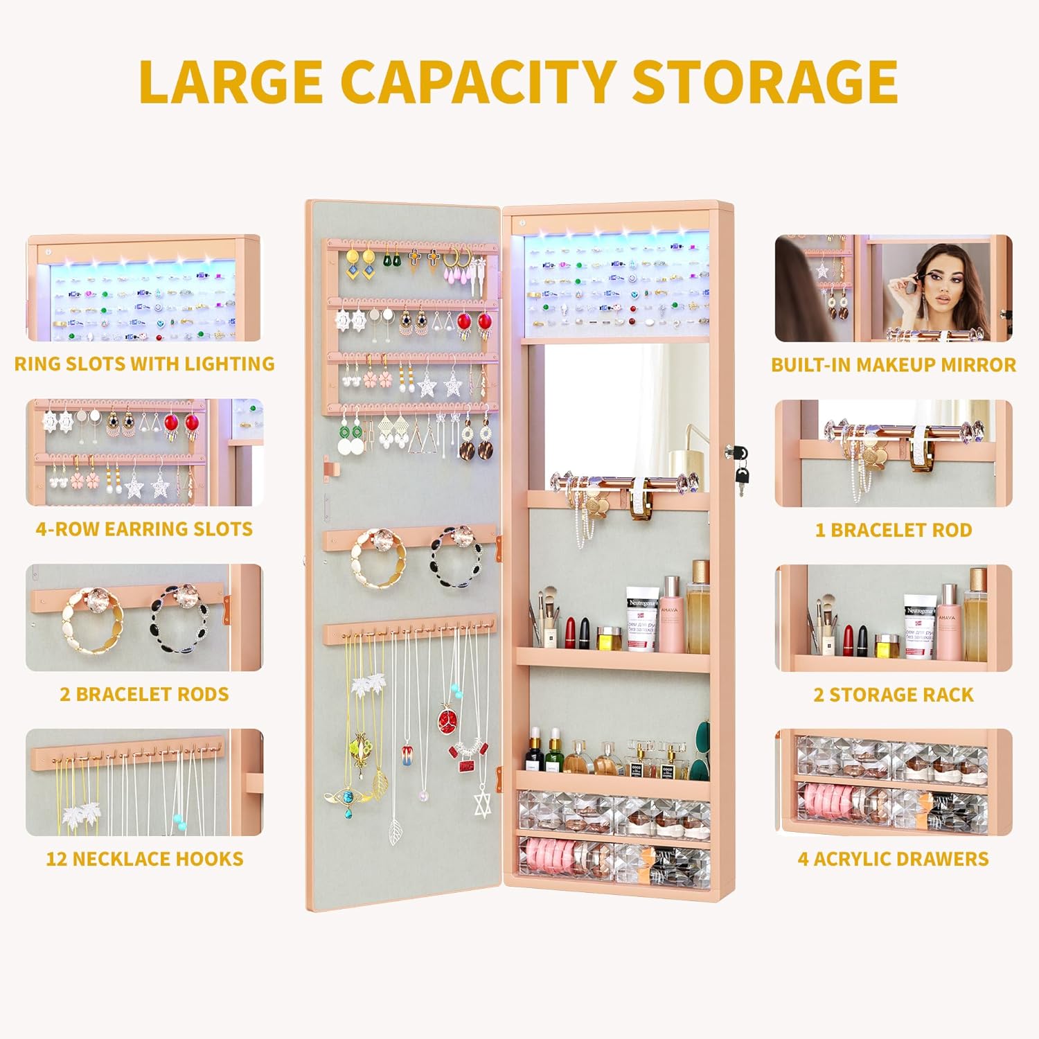 Mirror Jewelry Cabinet Wall Mounted Jewelry Cabinet, Door Hanging LED Jewelry Organizer with Full Length Mirror/Built-in Makeup Mirror/4 Drawers