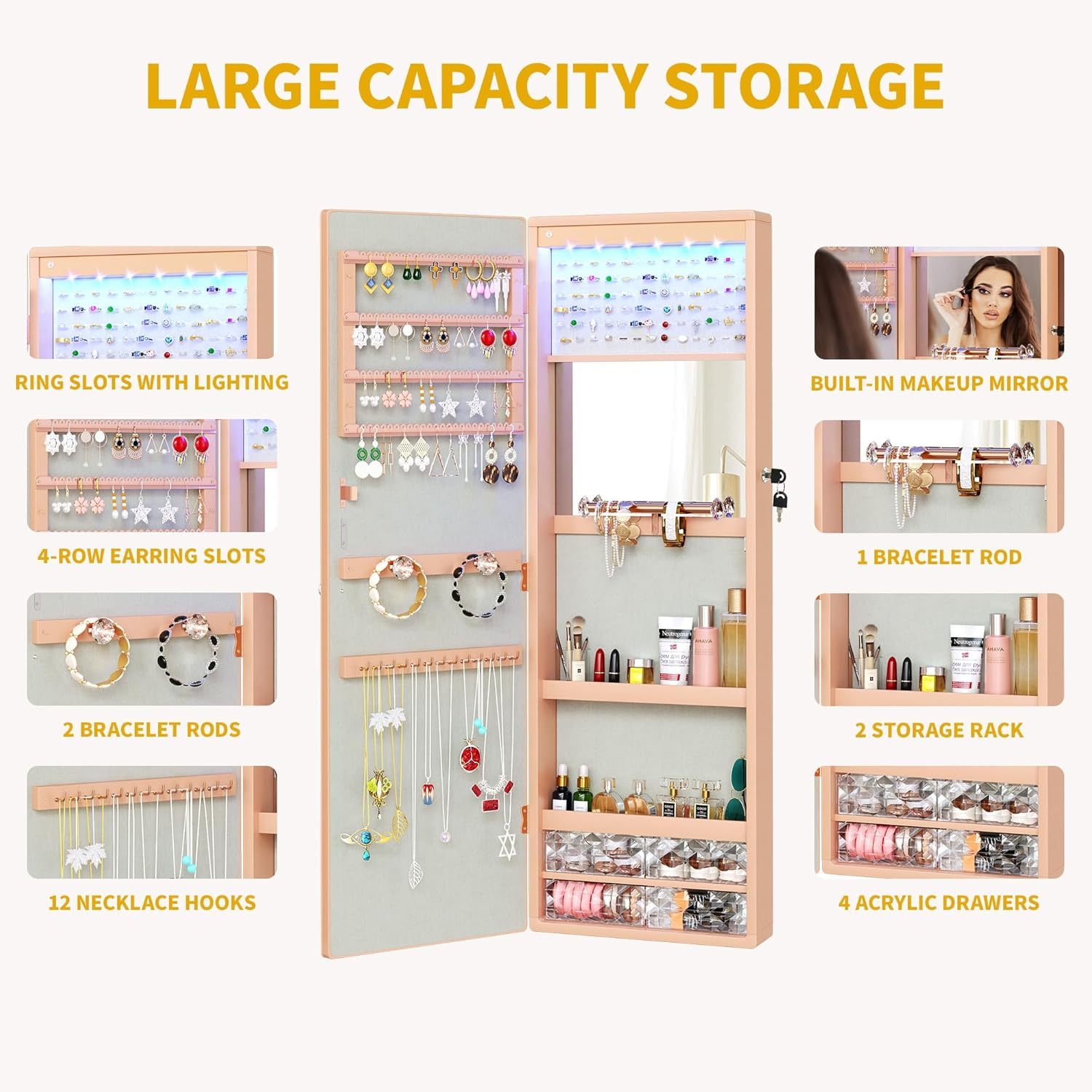 Mirror Jewelry Cabinet Wall Mounted Jewelry Cabinet, Door Hanging LED Jewelry Organizer with Full Length Mirror/Built-in Makeup Mirror/4 Drawers