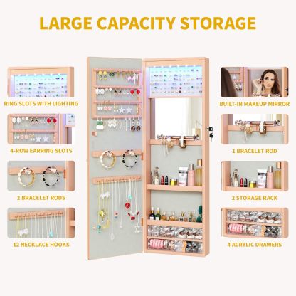 Mirror Jewelry Cabinet Wall Mounted Jewelry Cabinet, Door Hanging LED Jewelry Organizer with Full Length Mirror/Built-in Makeup Mirror/4 Drawers
