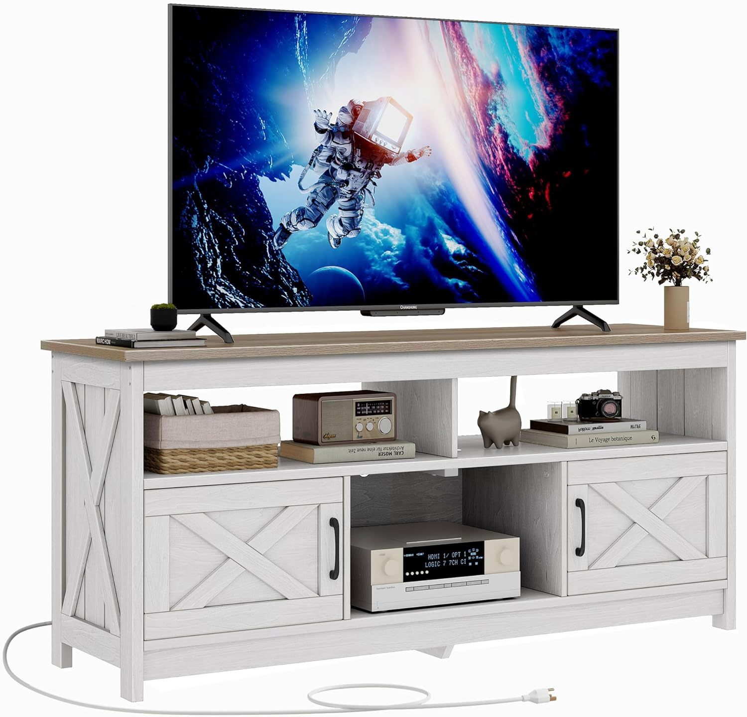 Farmhouse TV Console, TV Stand with Power Outlets for TVs up to 65 Inch