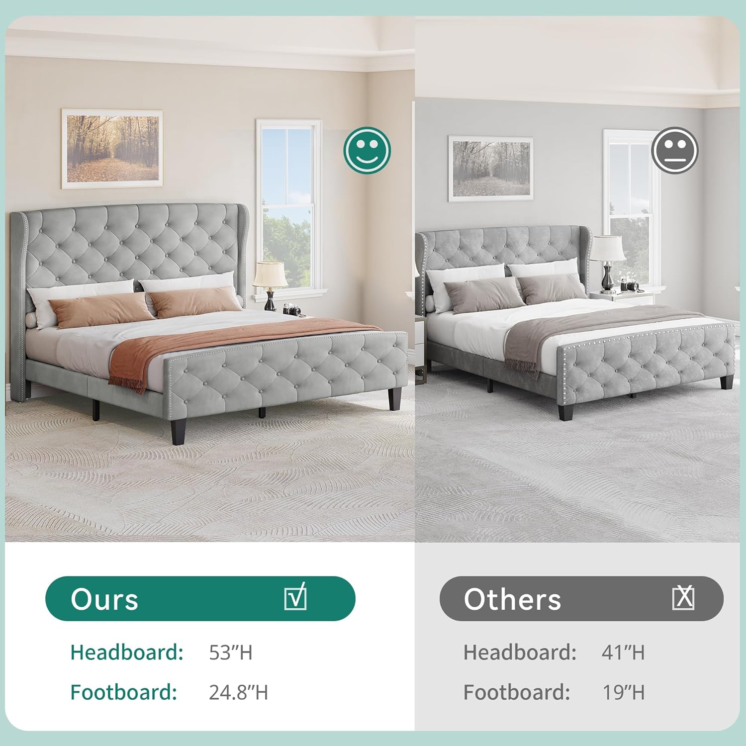 King Size Upholstered Bed Frame, Velvet Platform Bed with Deep Button Tufted Headboard & Nailhead Trim Wingback Footboard