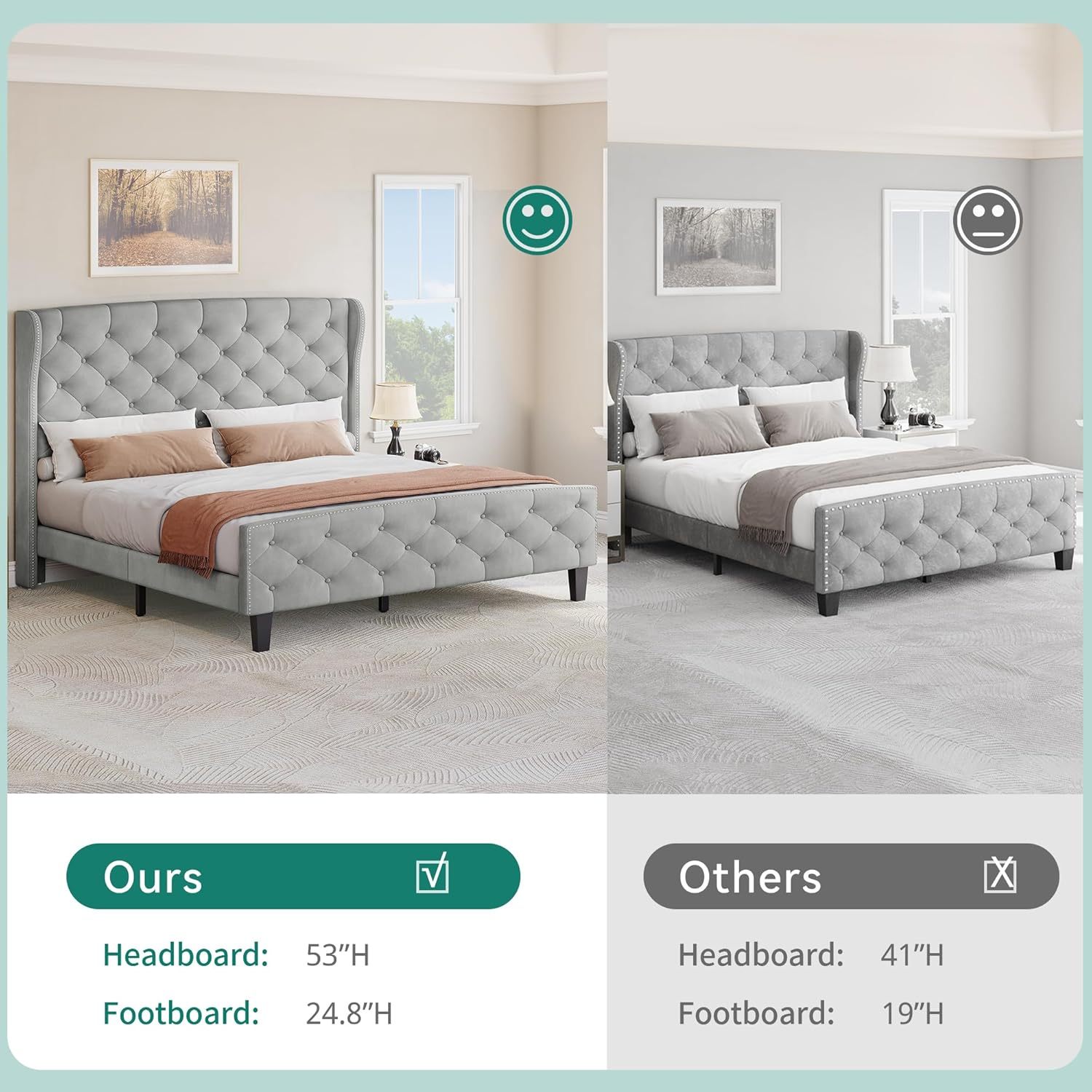 King Size Upholstered Bed Frame, Velvet Platform Bed with Deep Button Tufted Headboard & Nailhead Trim Wingback Footboard