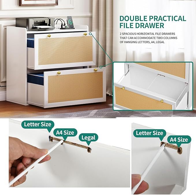 Rattan File Cabinet with Charging Station, Large Lateral Filing Cabinet