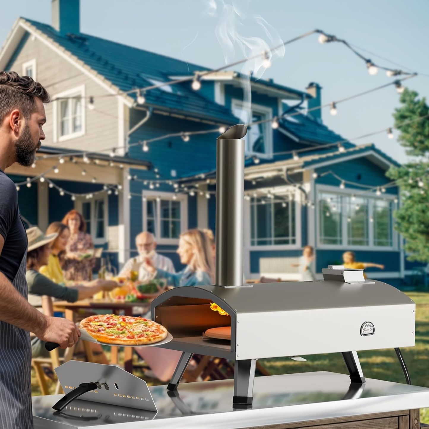 Multi-Fuel Outdoor Pizza Oven with Rotating, 12" Wood and Gas Fired Pizza Oven with Built-in Thermometer