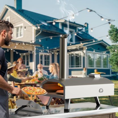 Multi-Fuel Outdoor Pizza Oven with Rotating, 12" Wood and Gas Fired Pizza Oven with Built-in Thermometer