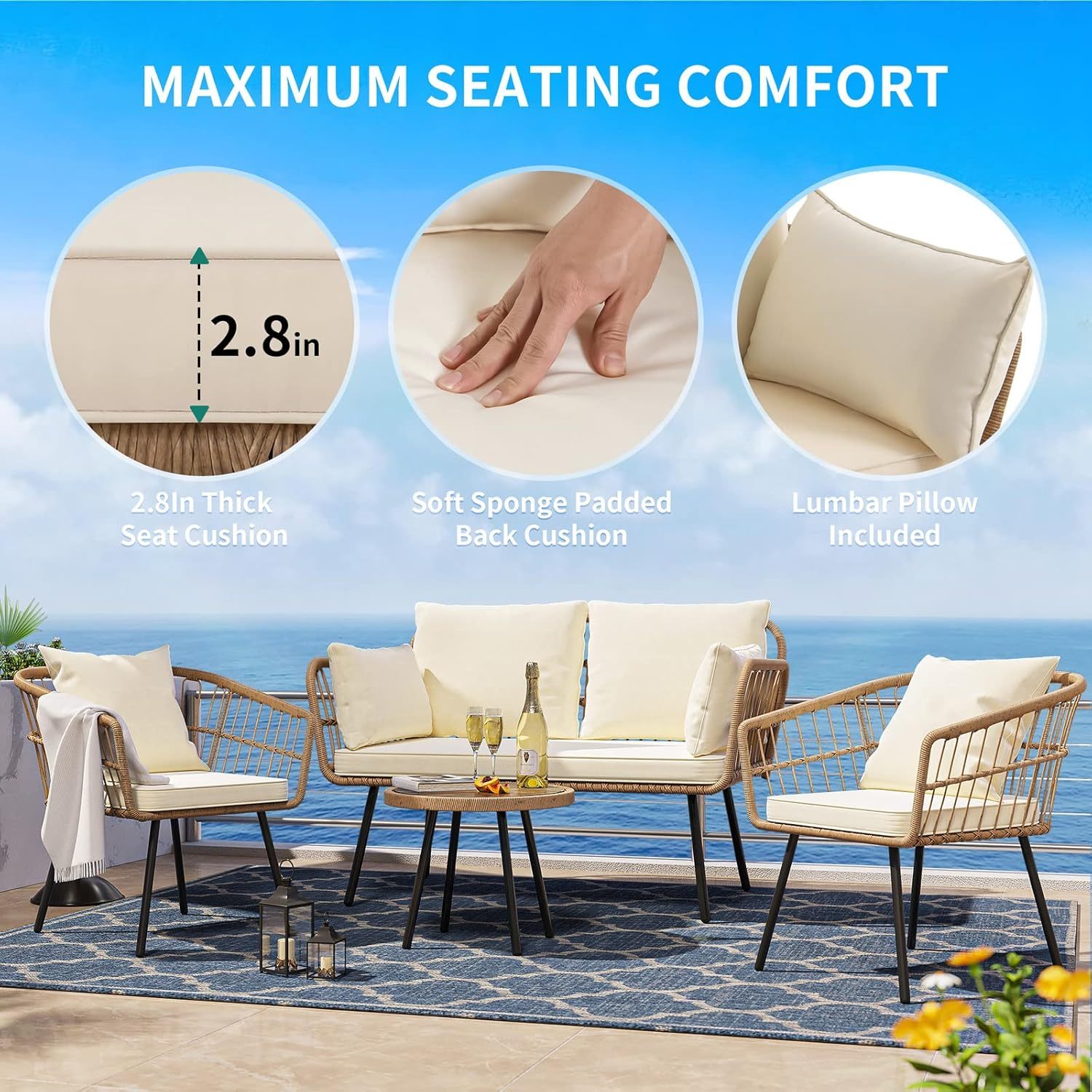 4 Pieces Patio Furniture Set, Wicker Balcony Bistro Set, Outdoor All-Weather Rattan Conversation Set
