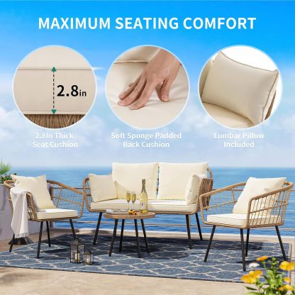 4 Pieces Patio Furniture Set, Wicker Balcony Bistro Set, Outdoor All-Weather Rattan Conversation Set
