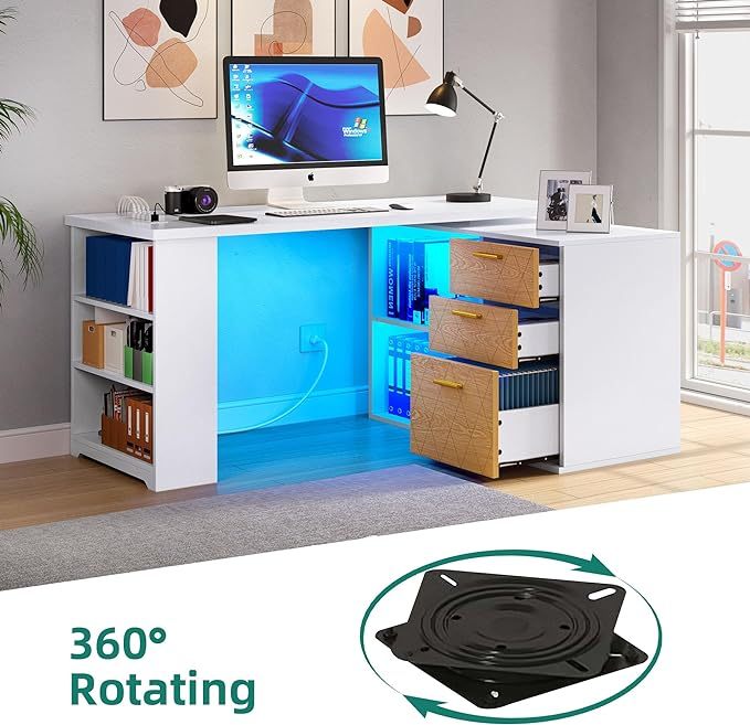 L Shaped Desk with Drawers, 59" Corner Computer Desk with Power Outlets & LED Lights