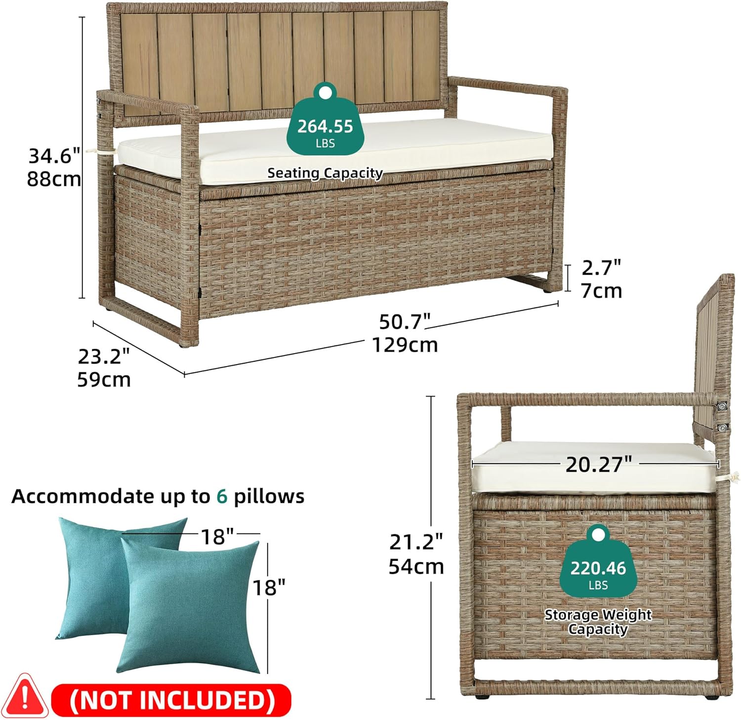 70 Gallon Outdoor Storage Bench, All-Weather PE Rattan Deck Box, Wicker Storage Seat Box