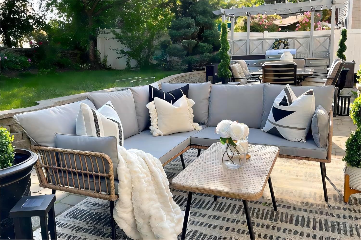 4 Pieces Patio Furniture Set, Outdoor Wicker Conversation Sectional L-Shaped Sofa with 5 Seater