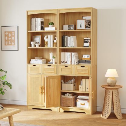 Rattan Bookshelf with Storage, 5 Tier Bookcase with 2 Drawers and Doors, 71" Tall Book Case Rattan Storage Cabinet