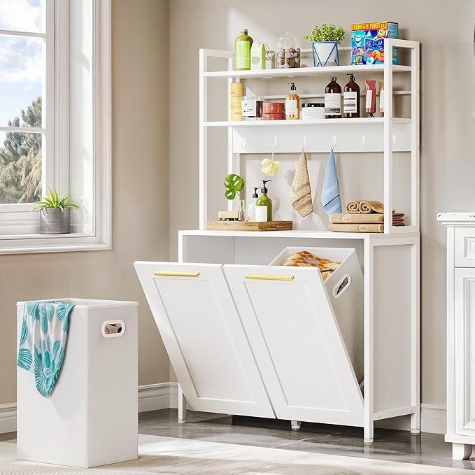 Laundry Hamper with Shelves, 3-Tier Laundry Hamper Cabinet 53" Tilt Out Hamper