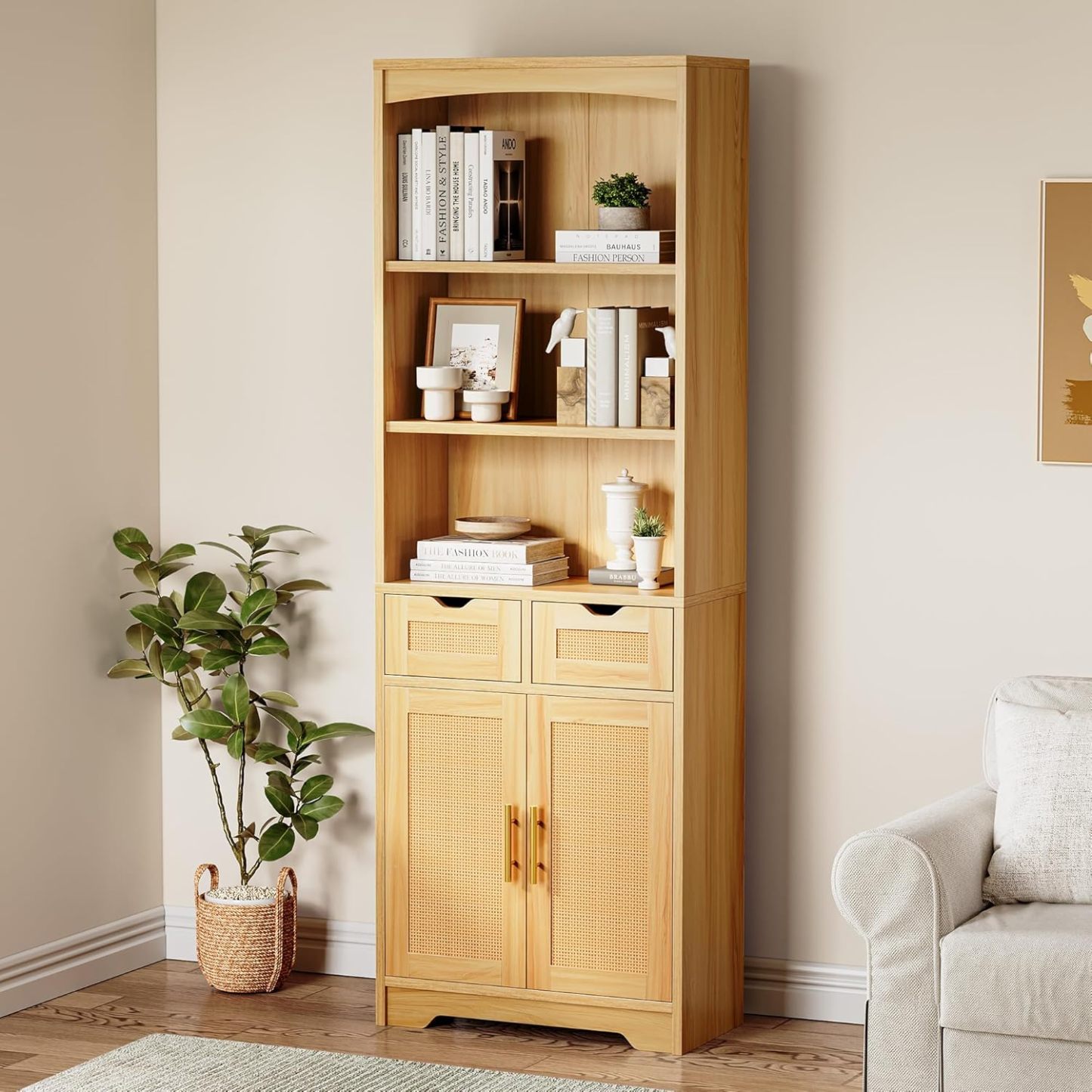 Rattan Bookshelf with Storage, 5 Tier Bookcase with 2 Drawers and Doors, 71" Tall Book Case Rattan Storage Cabinet