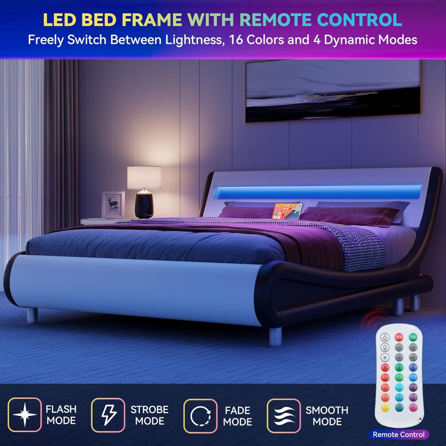 Queen Bed Frame with Ergonomic Headboard,Upholstered Led Bed Frame with Lights and Charging Station