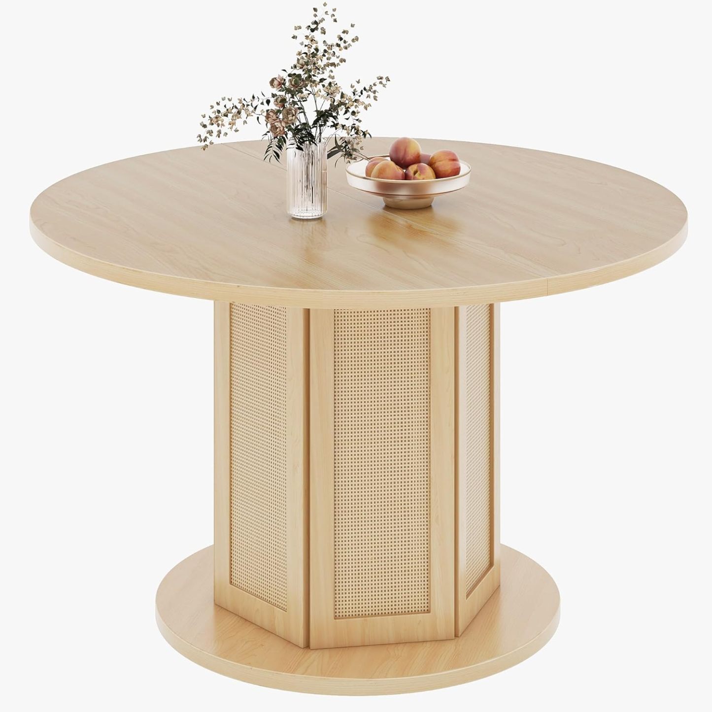 Round Dining Table for 4-6 People Circle Dining Table with Wooden Rattan Base Modern Farmhouse Kitchen Table