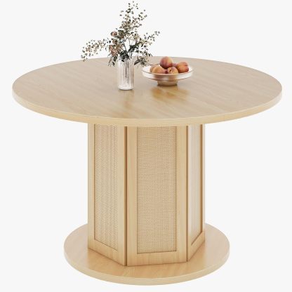 Round Dining Table for 4-6 People Circle Dining Table with Wooden Rattan Base Modern Farmhouse Kitchen Table