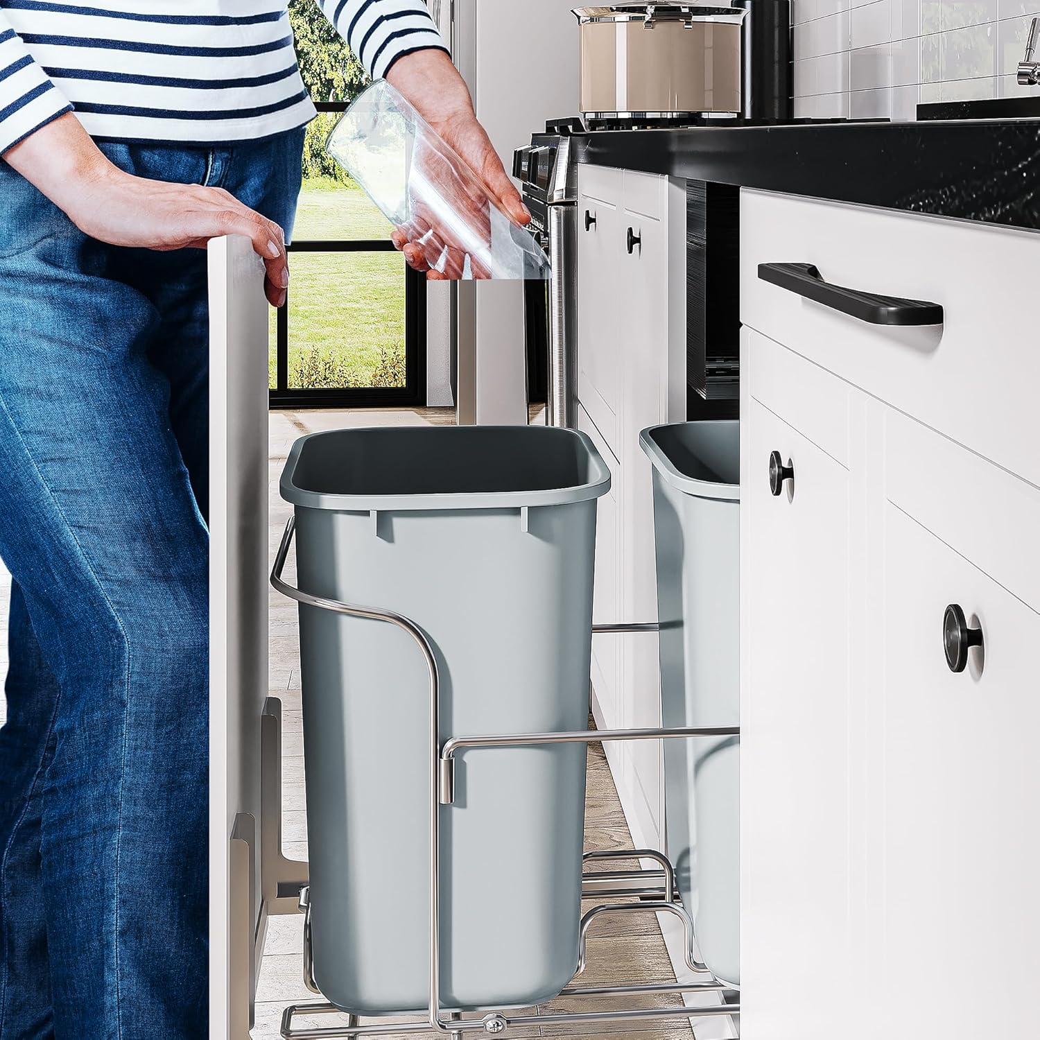  Double 27 Quart Pull-Out Trash Can with Soft-Close Slides, Sliding Under Mount Kitchen Waste Garbage Container