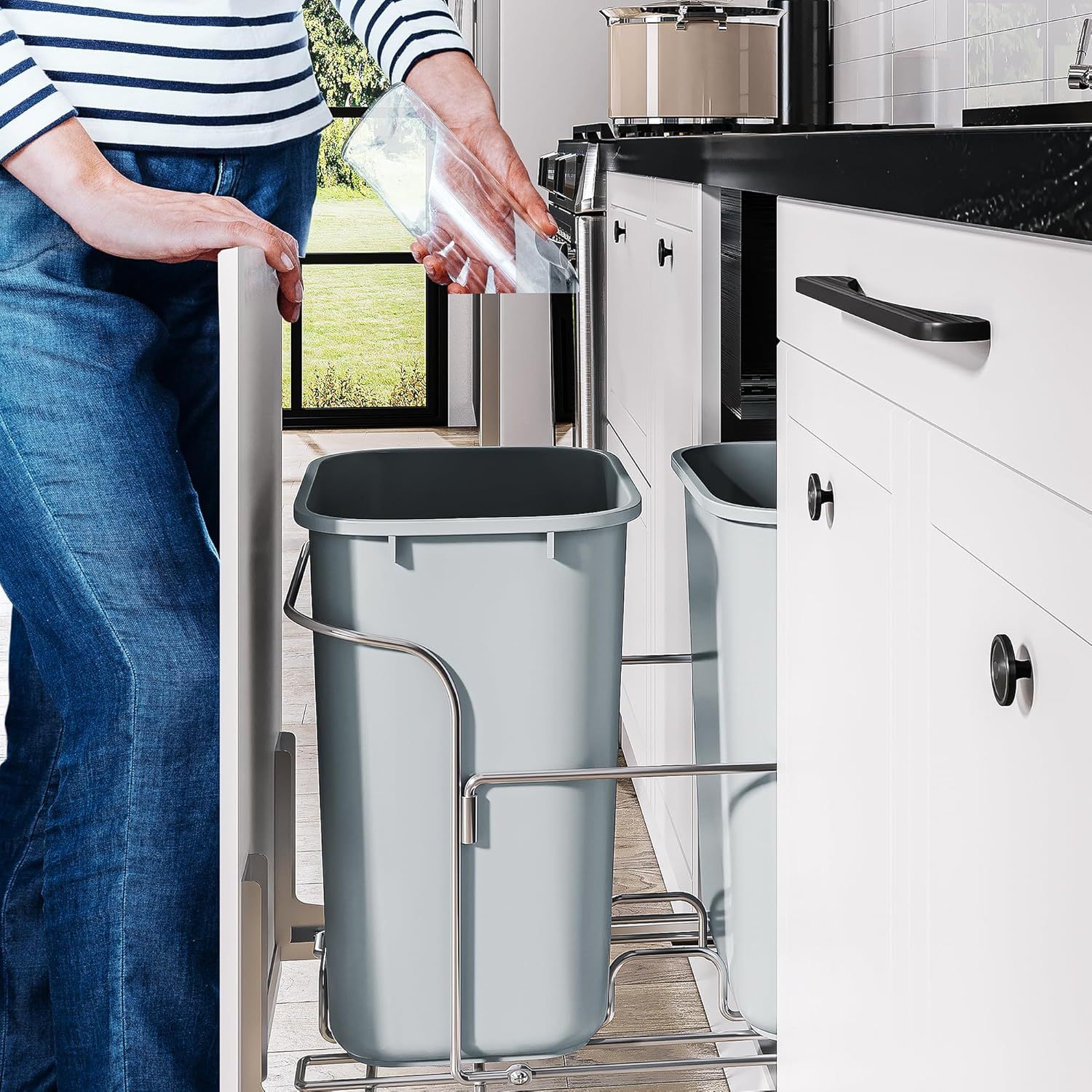  Double 27 Quart Pull-Out Trash Can with Soft-Close Slides, Sliding Under Mount Kitchen Waste Garbage Container