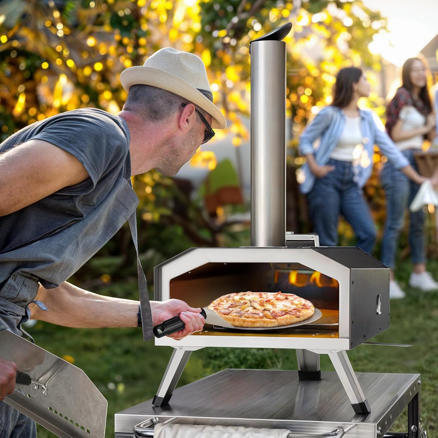 Outdoor Wood Pellet Pizza Oven with Rotating, 12" Wood Fired Pizza Oven with Built-in Thermometer