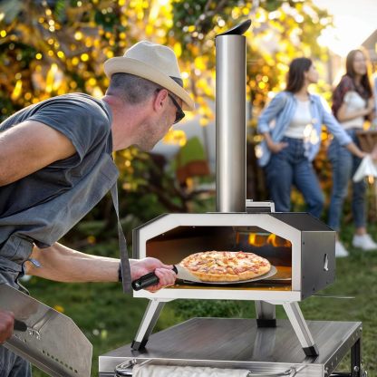 Outdoor Wood Pellet Pizza Oven with Rotating, 12" Wood Fired Pizza Oven with Built-in Thermometer