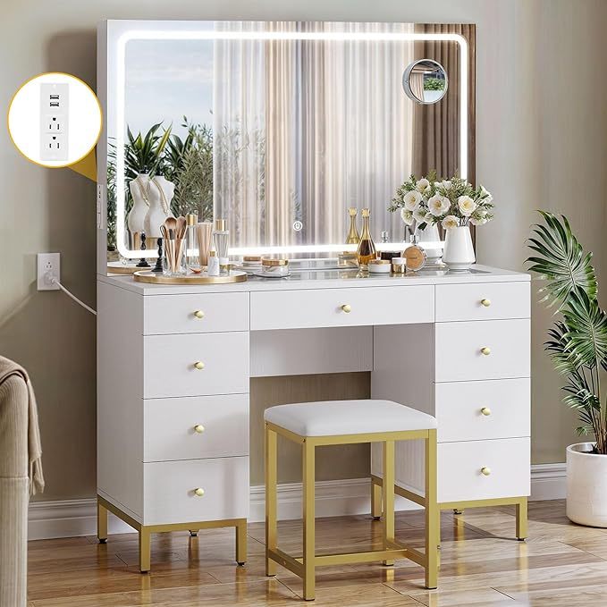 Vanity Desk Set with Large LED Lighted and Mirror & Power Outlet