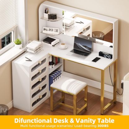 Vanity Desk Set- L Makeup Vanity with Mirror and Lights 3 Lighting Modes, 48" Large Dressing Table with 5 Tempered Glass Drawers with Open Storage Shelves Vanity Table, White