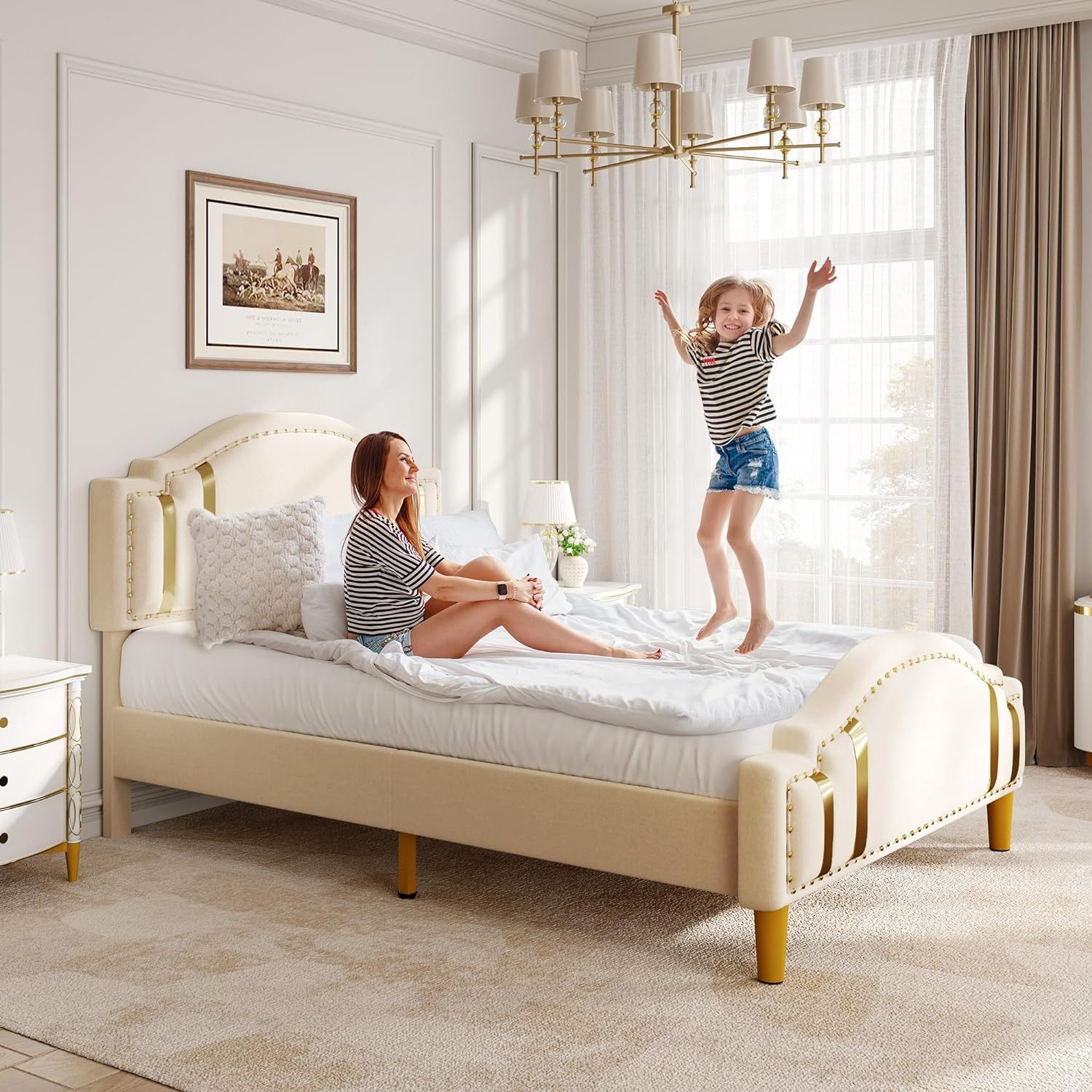 Queen Velvet Bed Frame with Adjustable Headboard, Upholstered Headboard and Footboard