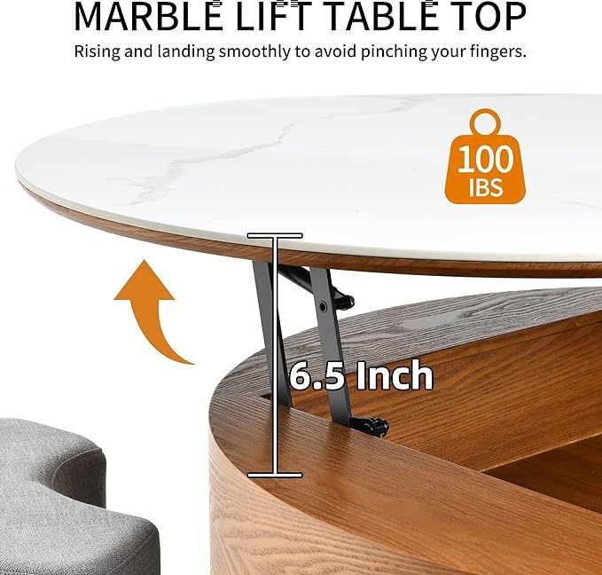 32" L Round Marbling Pattern Slate Coffee Table with Storage 3 Stools