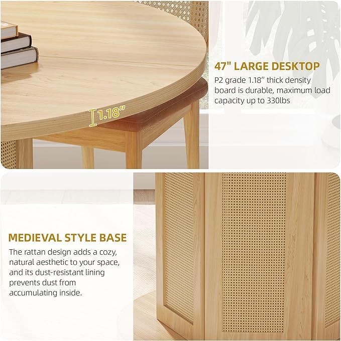 Round Dining Table for 4-6 People, 47 Inch Farmhouse Kitchen Table with Rattan Circular Base