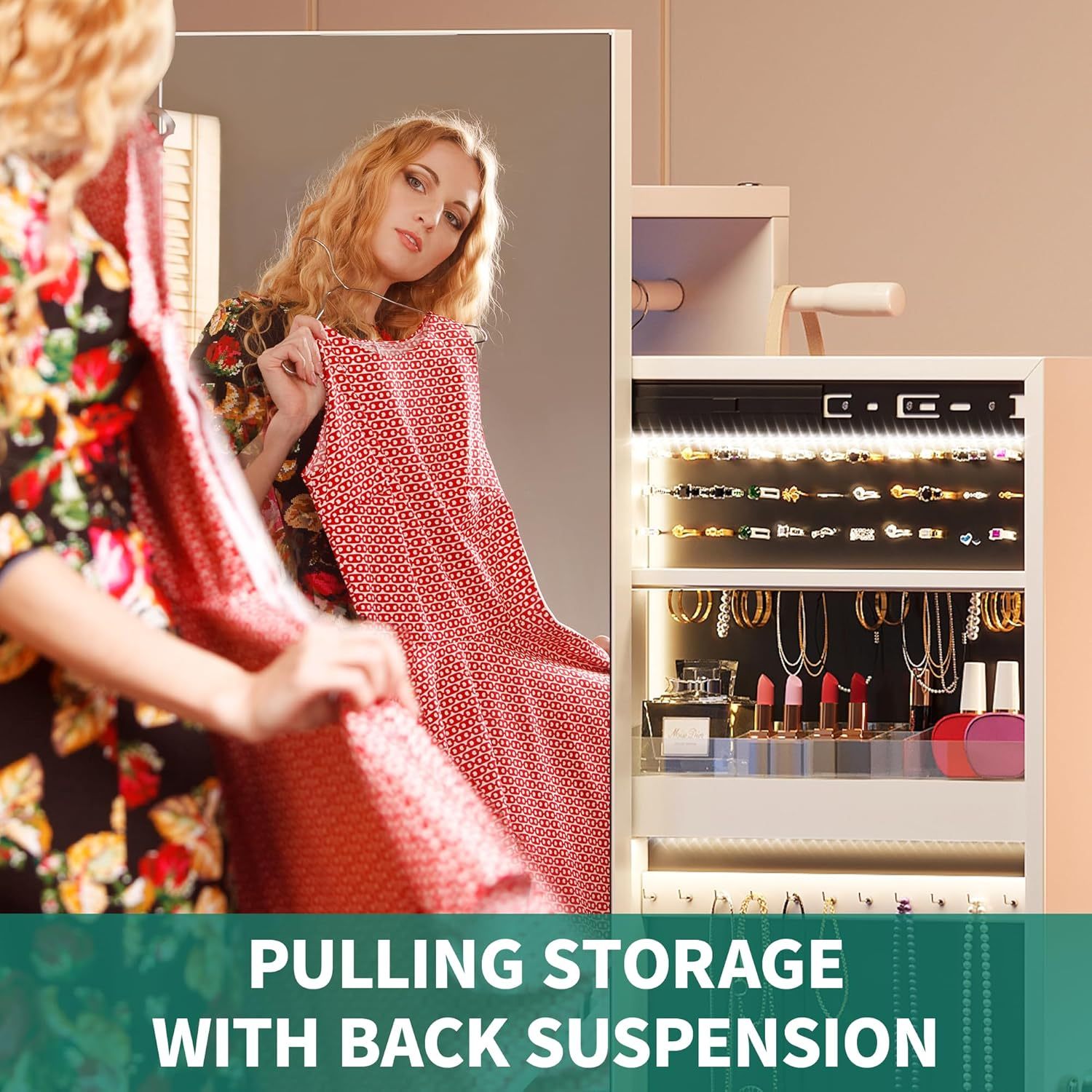 Jewelry Mirror Cabinet with Lights Full Length Mirror Jewelry Armoire LED Jewelry Organizer with 1 Coat Hanger, 4 Hooks, Standing Jewelry Armoires with Storage Shelves