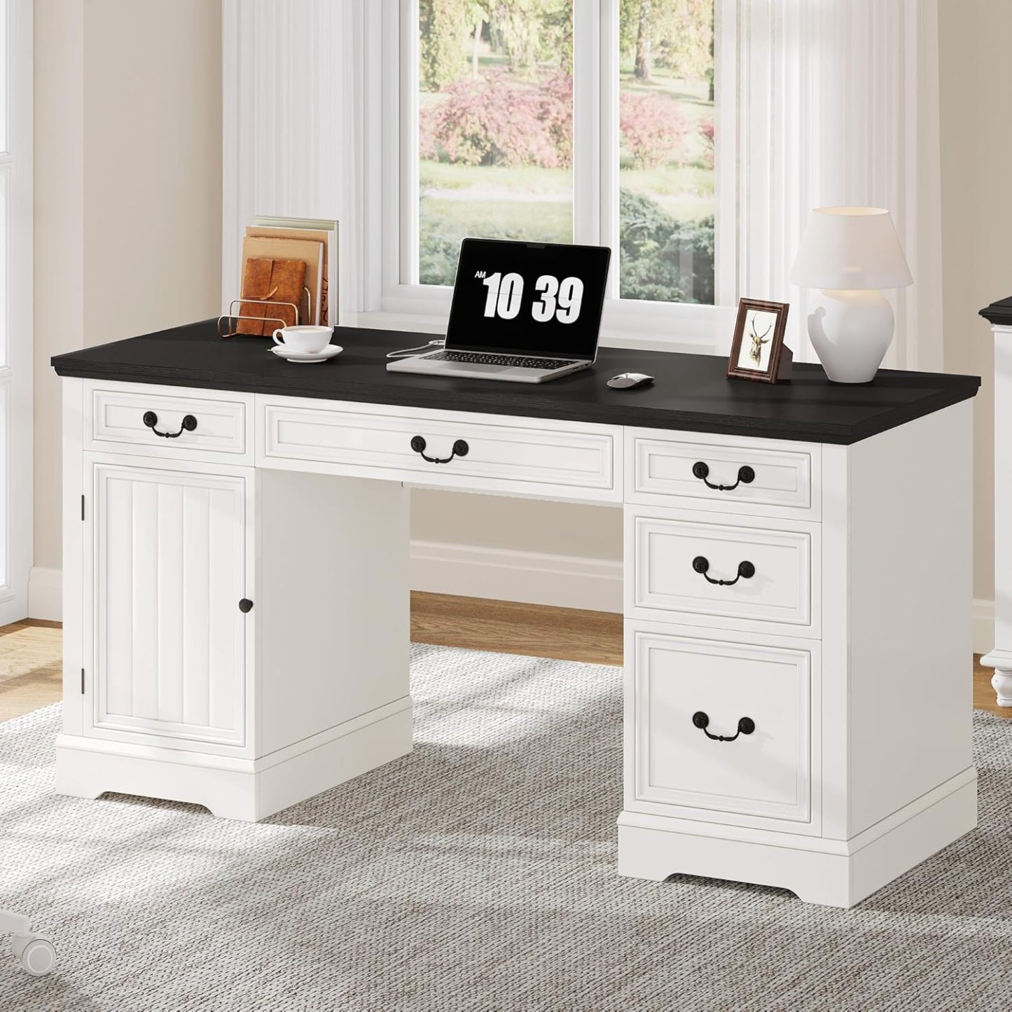 Executive Desk with Drawers, 59" Farmhouse Computer Desk with Power Outlets, Wood Office Desk with Storage Cabinet